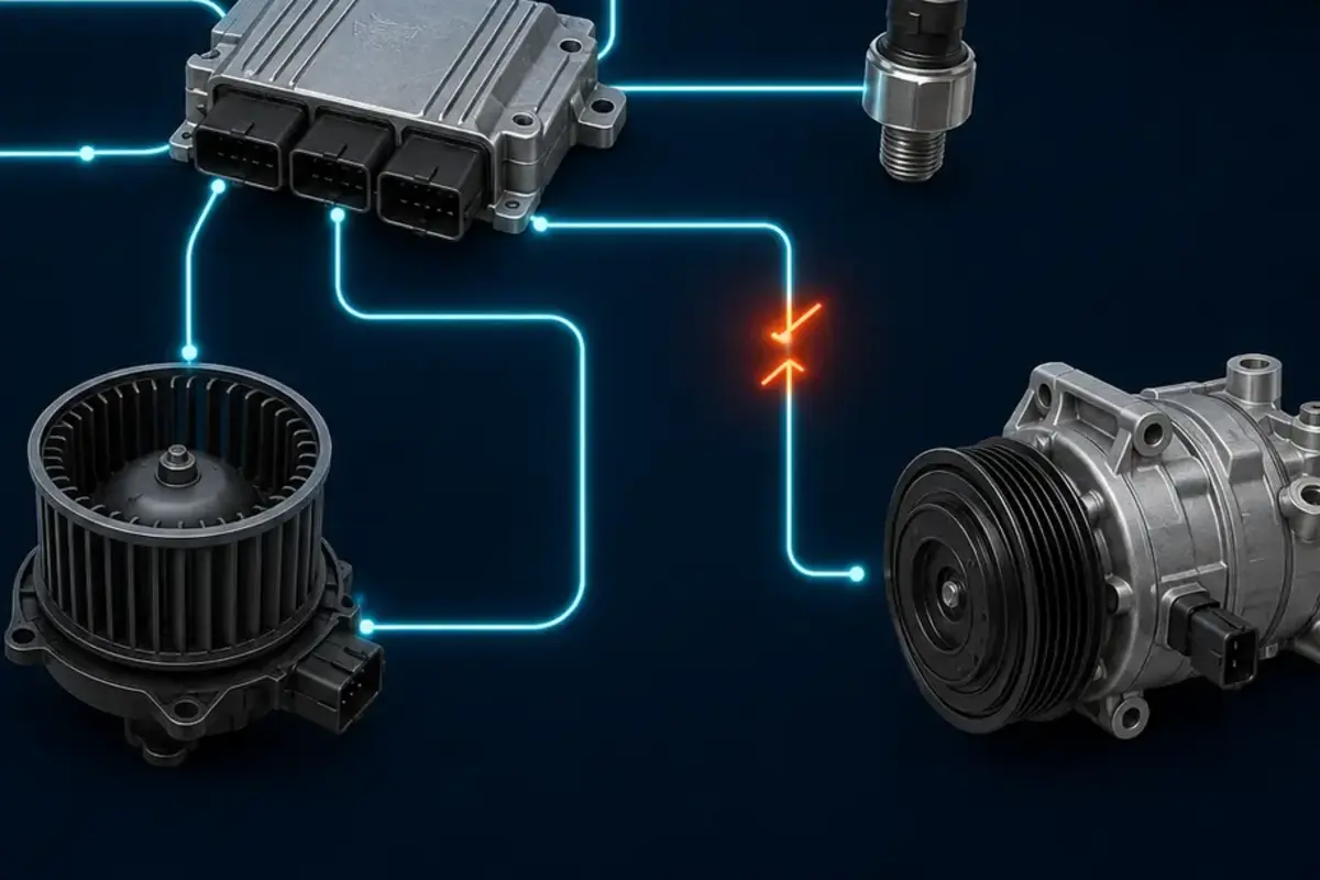 Close-up illustration of climate-control command paths to blower and compressor