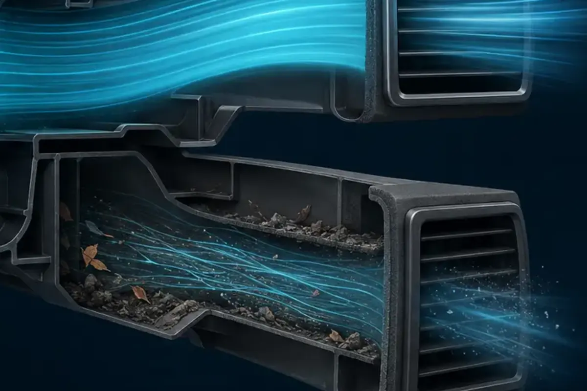 Close-up illustration of debris restricting airflow inside an automotive HVAC duct