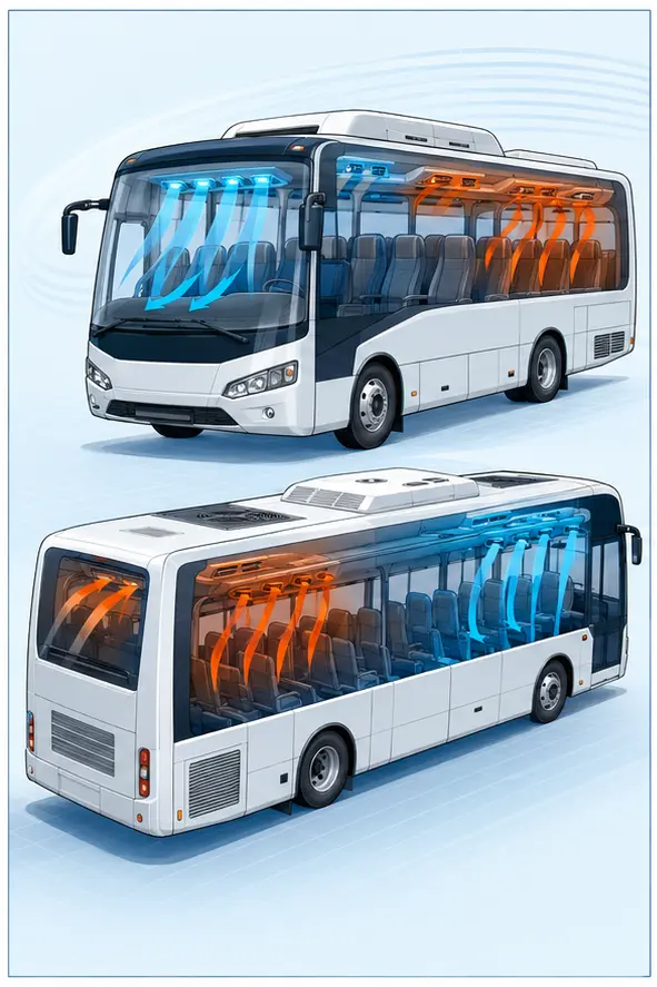 Illustration of front and rear cooling zones in a bus and minibus cabin