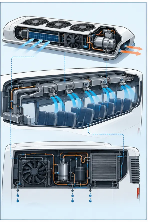 Cutaway illustration of bus roof-mounted AC equipment, long ducts and multiple blowers