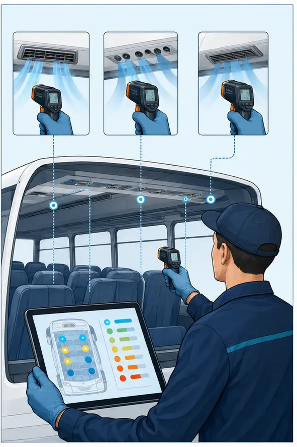Illustration of temperature measurements across multiple bus cabin zones
