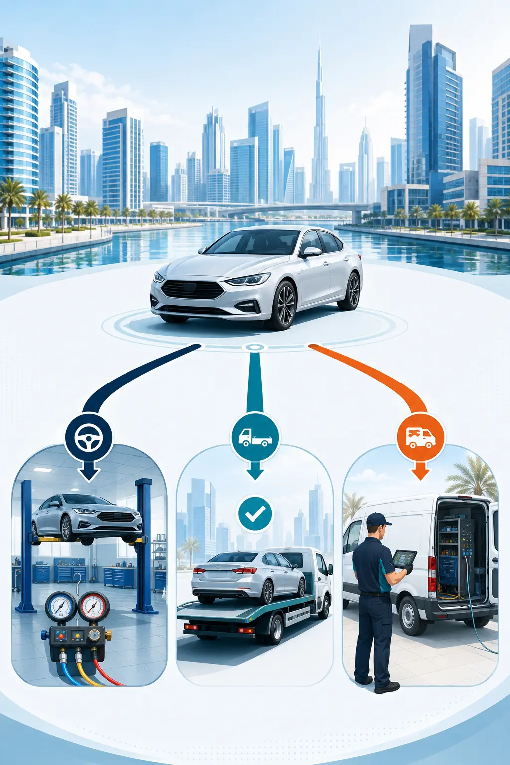 Business Bay car AC service route choices for workshop drive-in, confirmed collection or limited mobile assessment