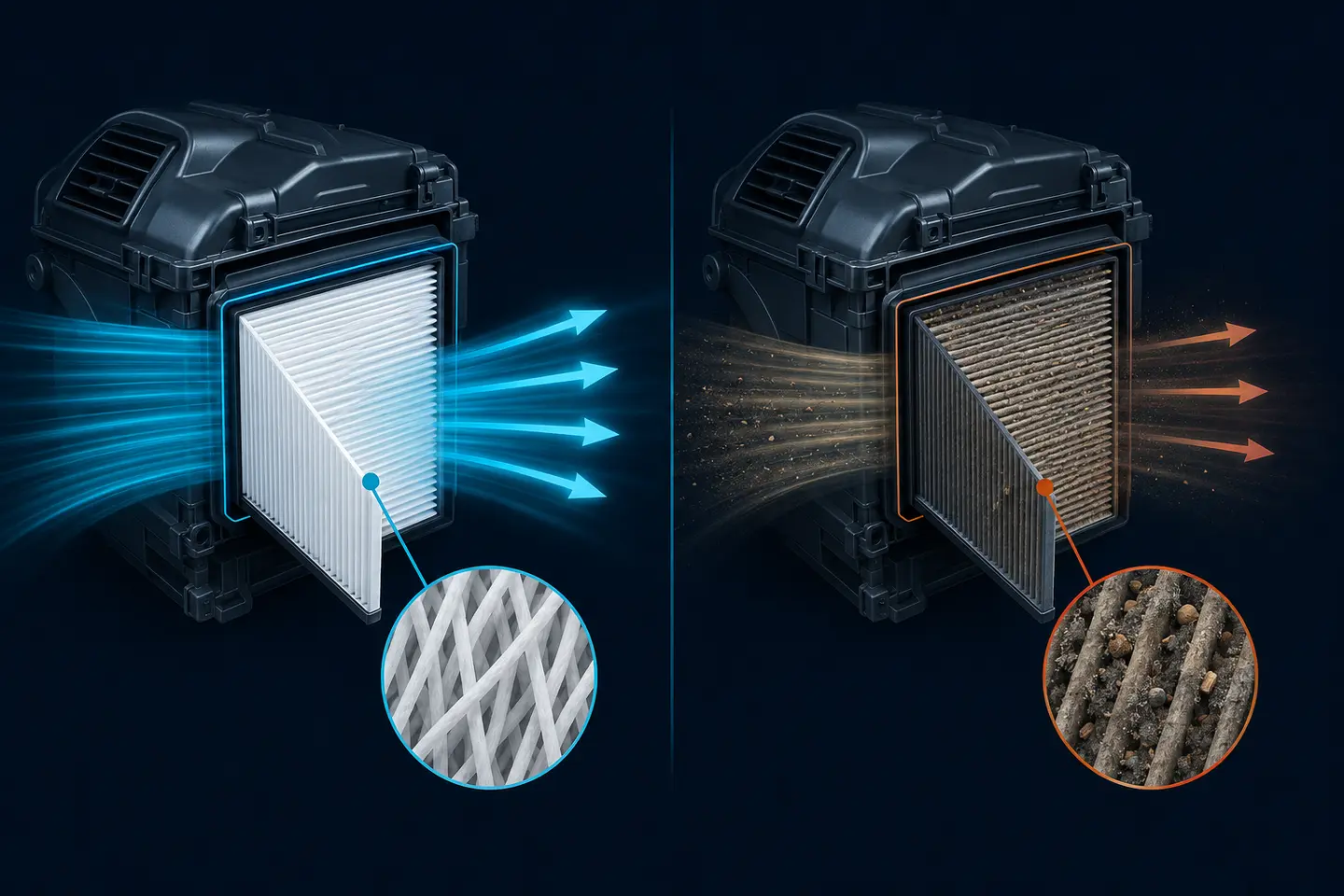 Technical illustration comparing airflow through clean and dust-loaded cabin filters