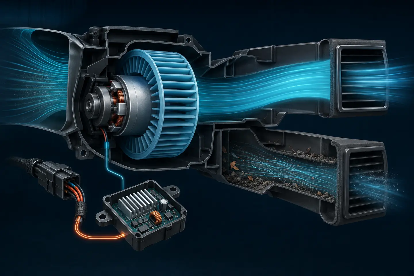 Technical illustration of a car AC blower motor, controller and airflow through the HVAC housing