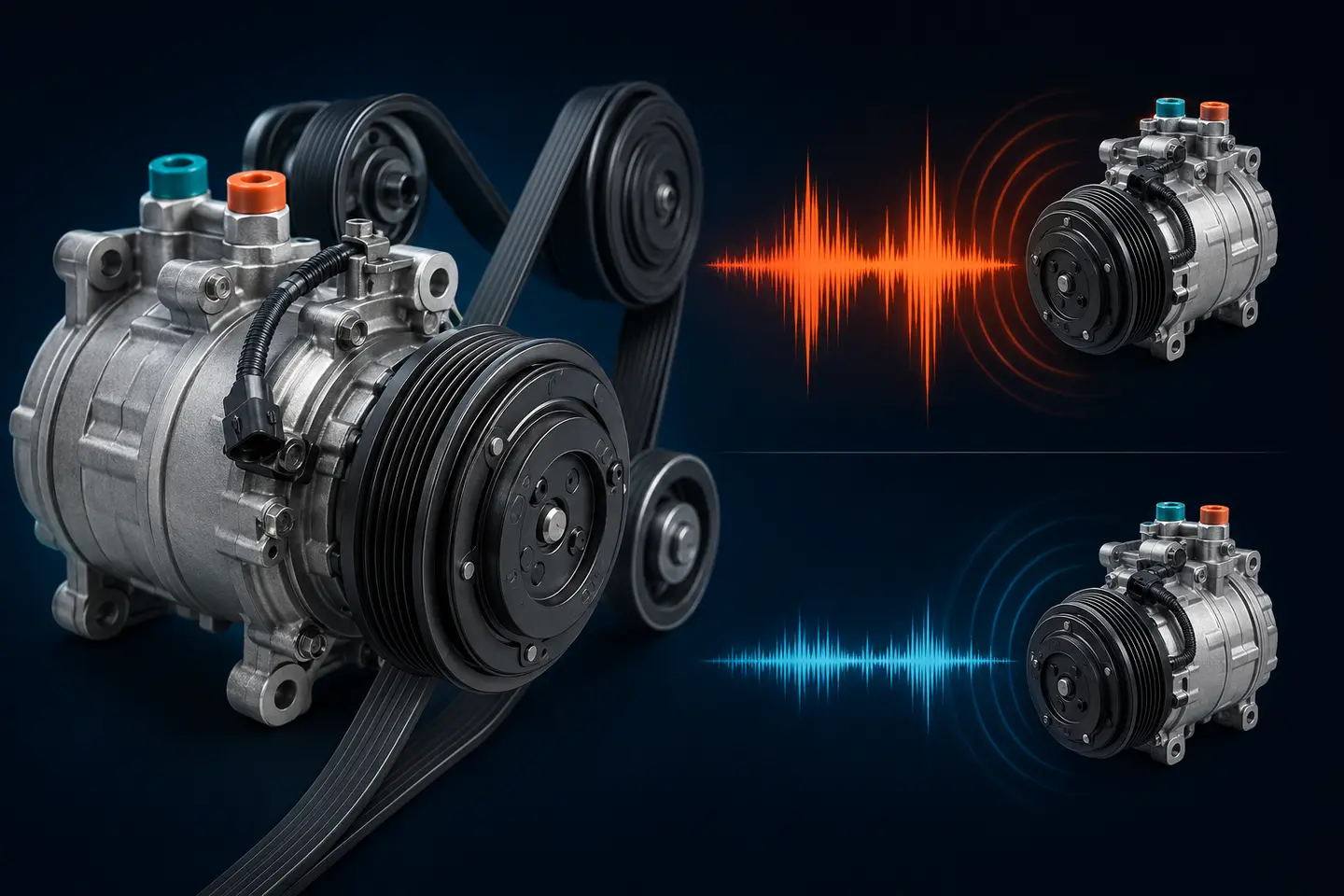 Illustration of an automotive AC compressor, pulley and sound-wave comparison for noise diagnosis