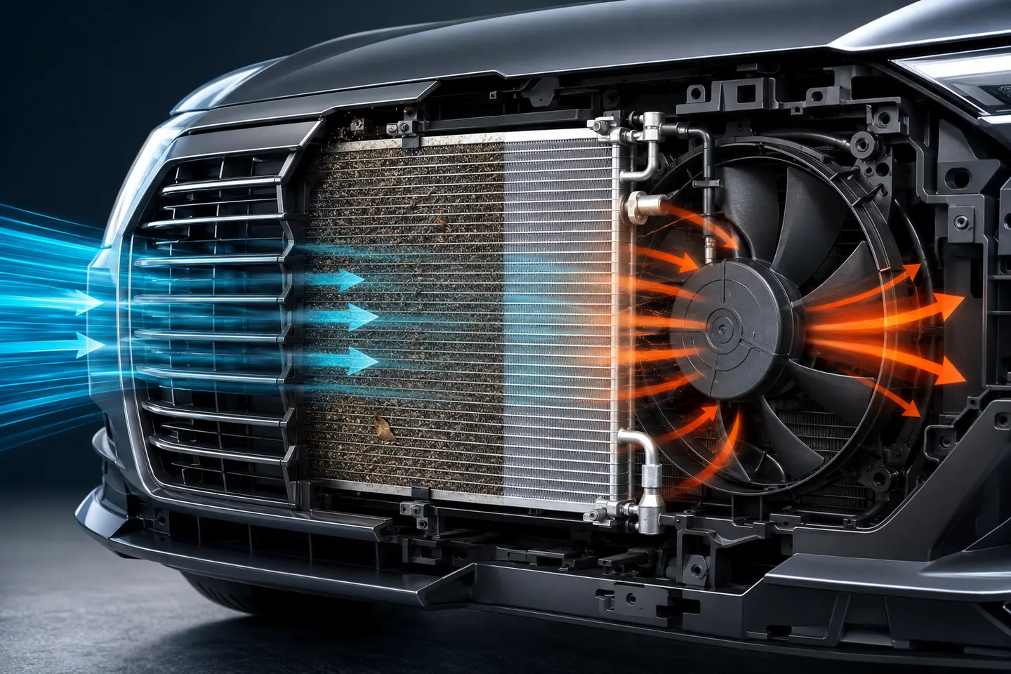 Illustration of airflow passing through a vehicle grille, AC condenser and cooling fan