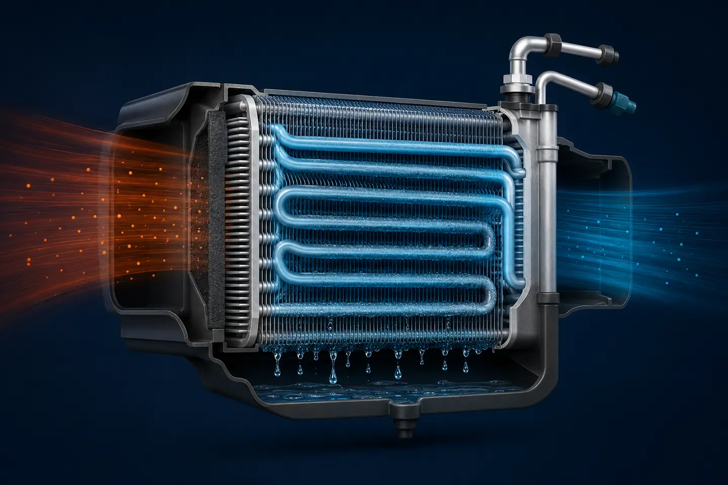 Technical illustration of an automotive AC evaporator absorbing heat and collecting condensate