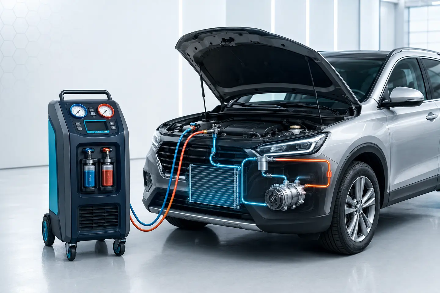 Illustration of a vehicle connected to AC service equipment for a measured refrigerant recharge