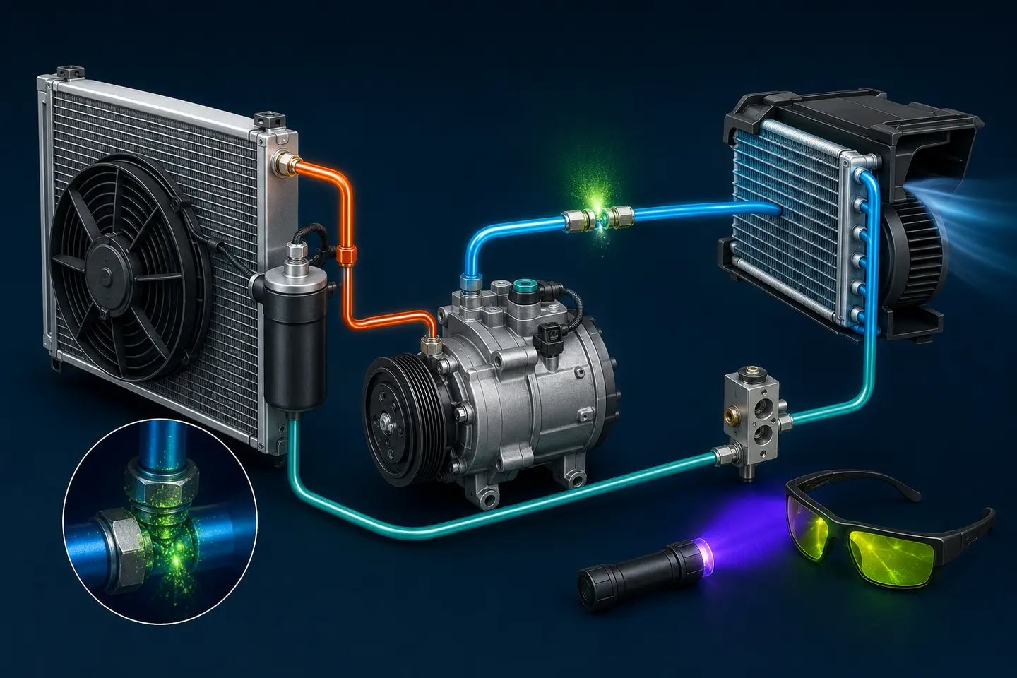 Illustration of an automotive AC circuit with one highlighted refrigerant leak point and detection tools