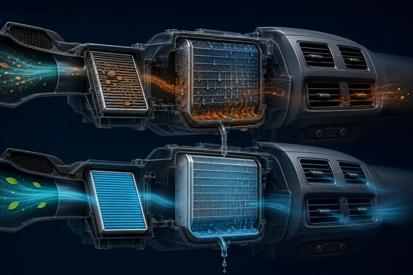 Technical illustration of the filter, evaporator, drain and dashboard vent air path