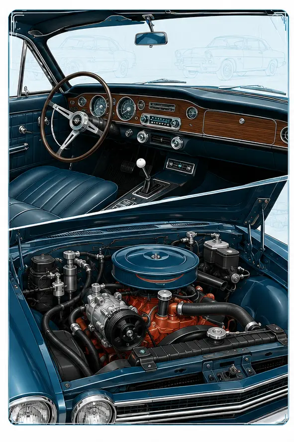 Illustration of original air conditioning components in a classic car interior and engine bay