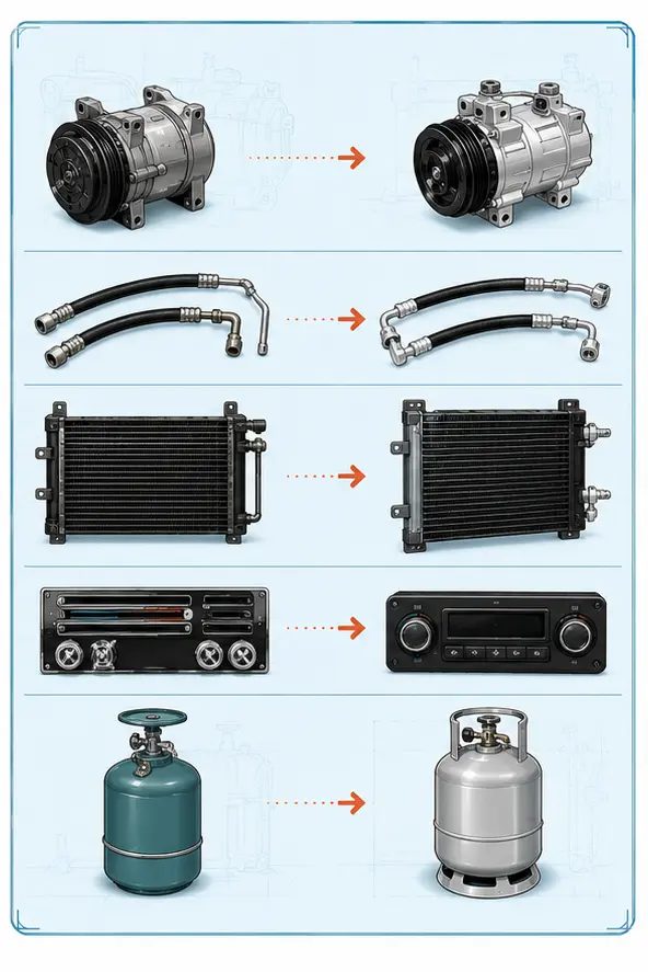 Illustration comparing heritage AC components with discreet modern retrofit alternatives