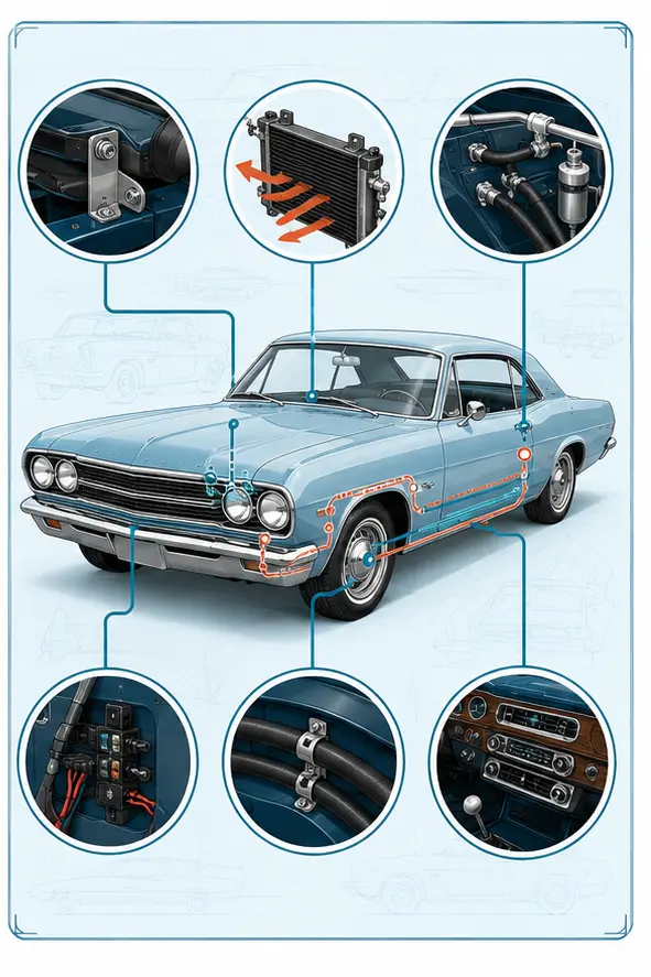 Illustration of bracket, condenser, hose, electrical and cabin-preservation checks for a classic car retrofit