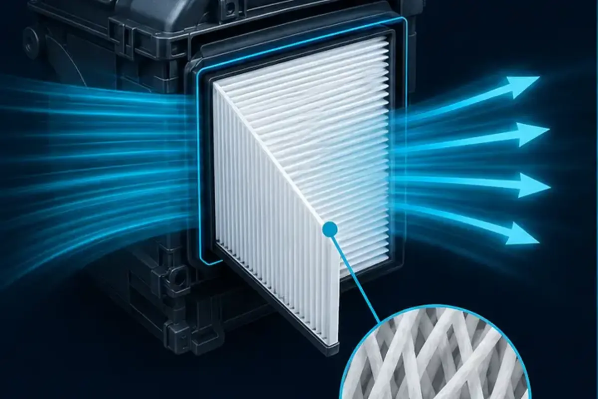 Close-up illustration of airflow through a clean cabin filter