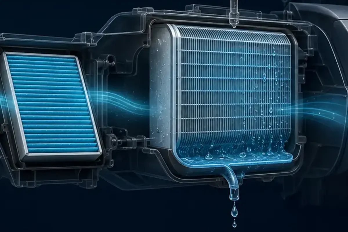 Illustration of a clean filter, evaporator surface and condensate drain