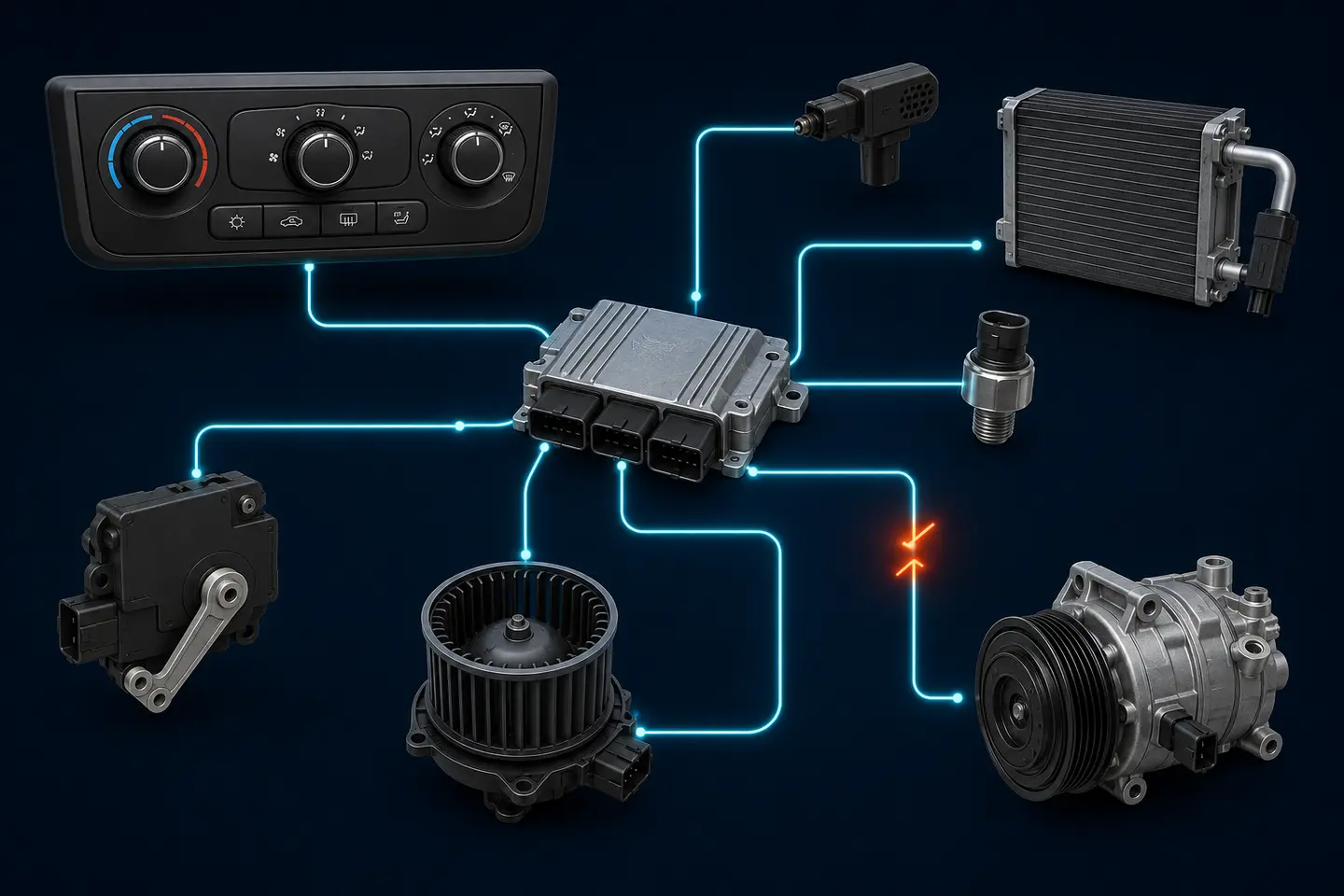 Illustrated climate-control network linking the control panel, sensors, blower, compressor and heat exchangers