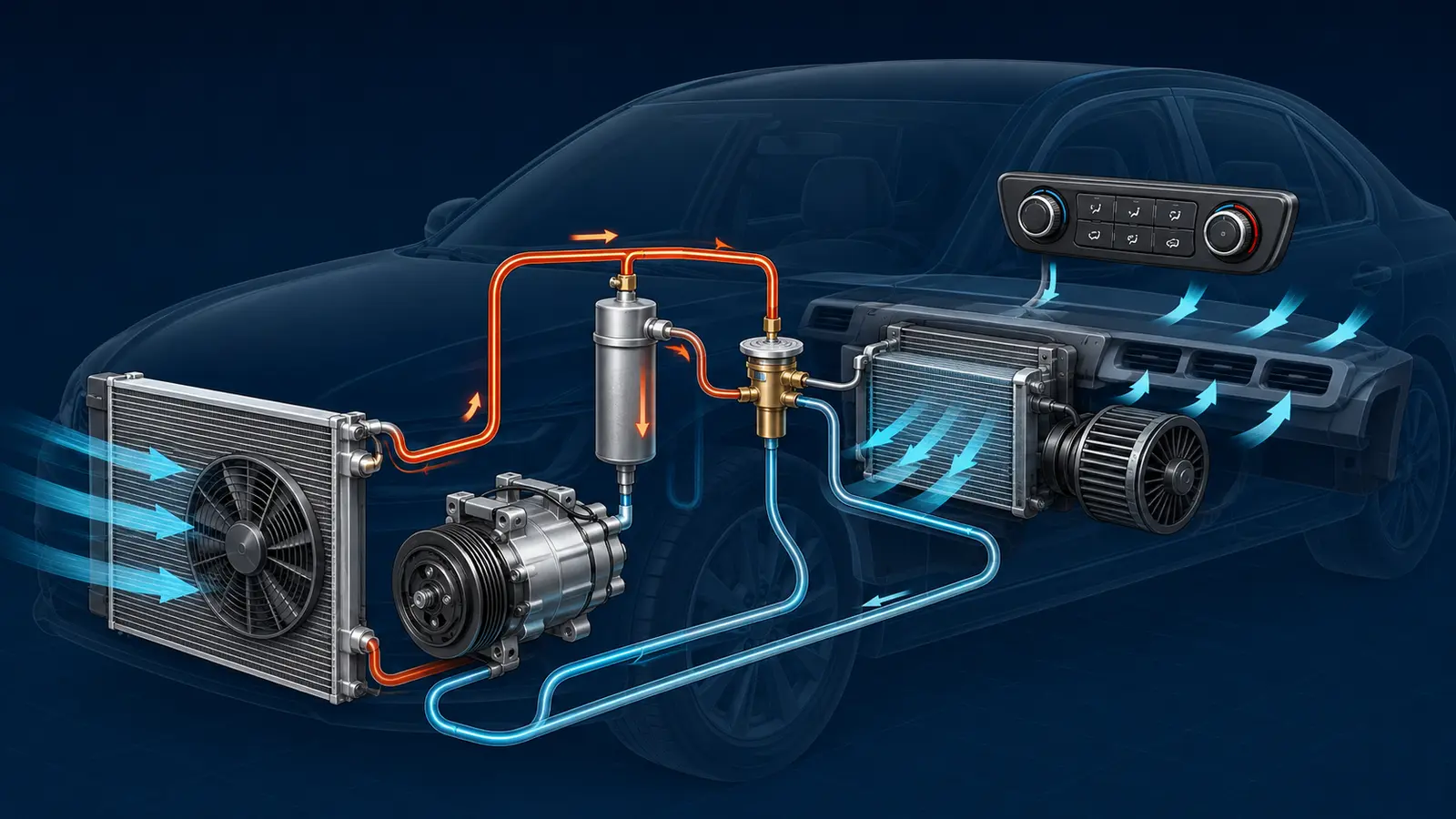 Educational automotive AC refrigerant flow diagram