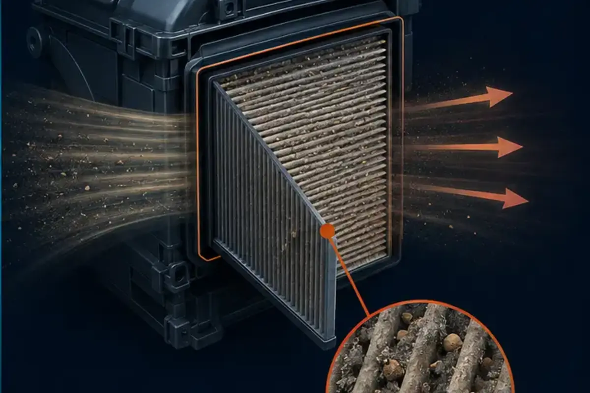 Close-up illustration of reduced airflow through a dust-loaded cabin filter