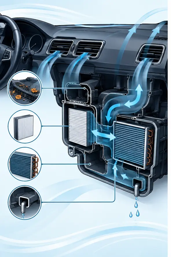 Cutaway illustration of car AC intake, filter, evaporator, drain, ducts and dashboard vents