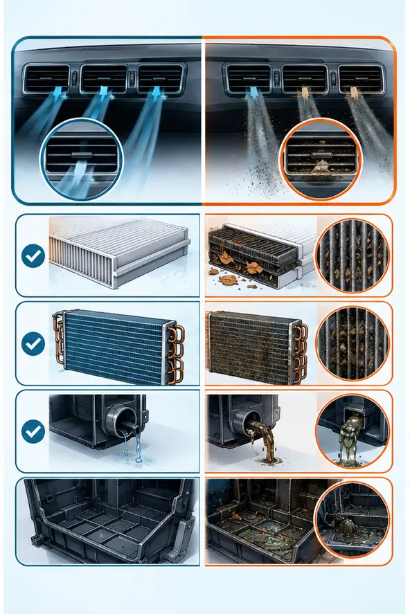 Illustration comparing clean and contaminated filters, evaporators, drains and housings