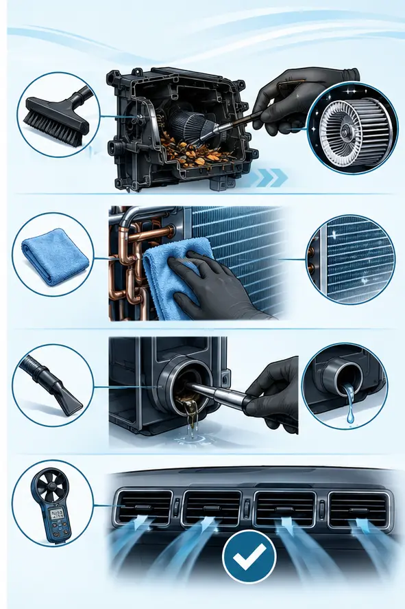 Illustration of targeted debris removal, surface cleaning, drying and airflow verification
