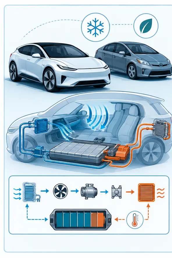 Illustration of electric and hybrid vehicle cabin cooling and battery thermal-management paths