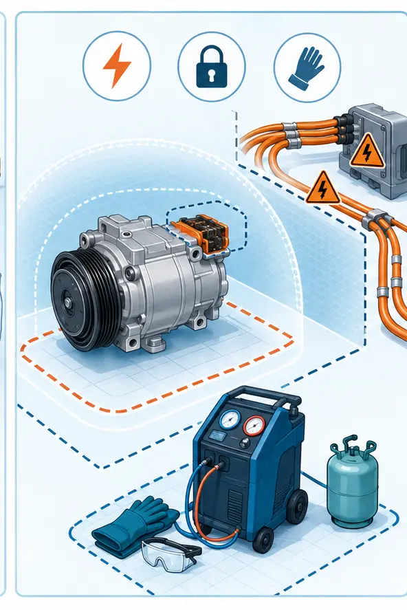 Illustration of an electric AC compressor separated from high-voltage cables and service equipment