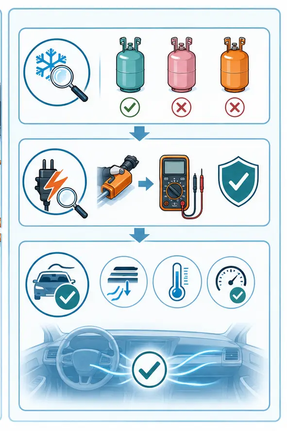 Illustration of refrigerant identification, electrical isolation checks and EV AC verification
