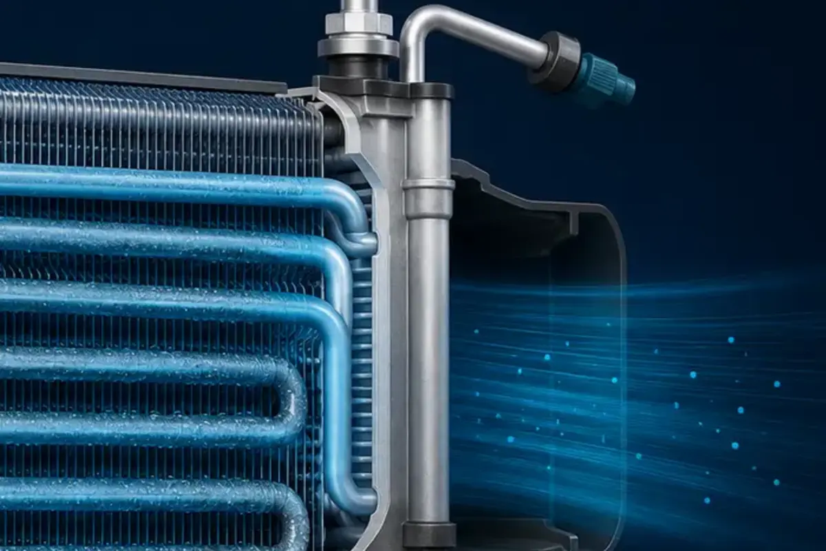 Close-up illustration of evaporator refrigerant connections and cooled airflow