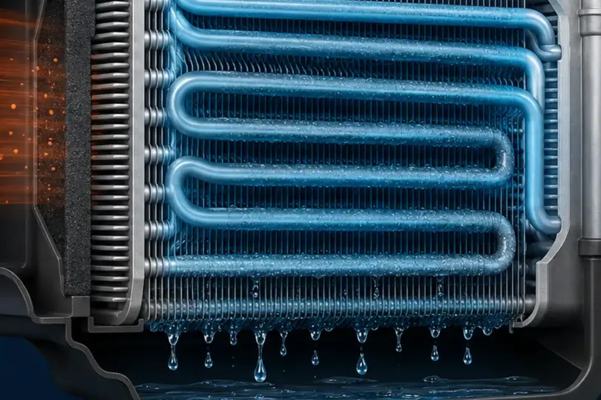 Close-up illustration of evaporator fins, refrigerant tubes and condensate