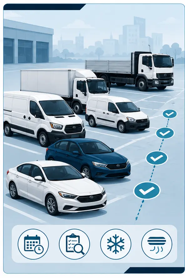 Illustration of a mixed commercial vehicle fleet prepared for scheduled AC inspection