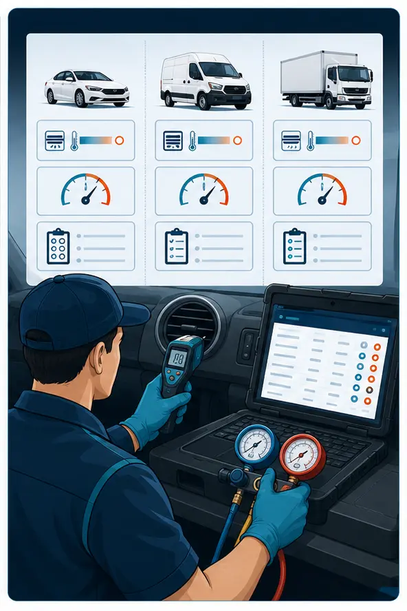 Illustration of repeatable vent temperature and system-pressure checks across fleet vehicles