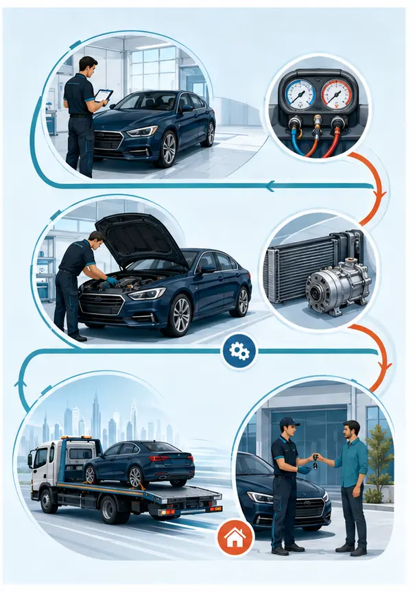 Illustration of pickup, workshop diagnosis, repair and return delivery stages