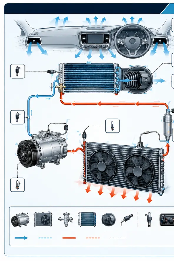 Illustration mapping a complete automotive air conditioning system from compressor to vents