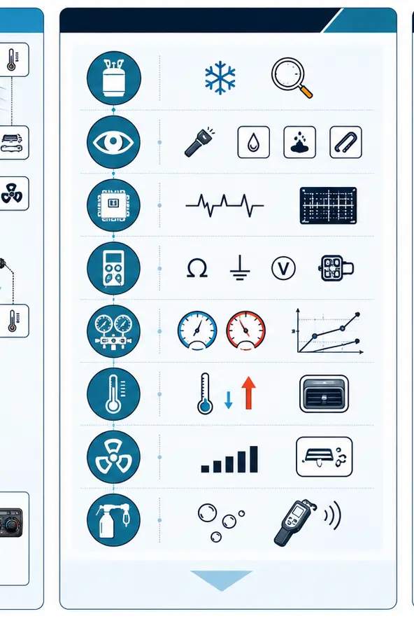 Educational illustration of the test order used in a full car AC diagnosis
