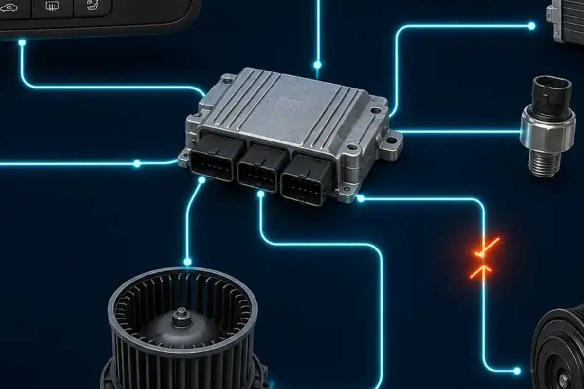 Close-up illustration of an HVAC module and sensor circuits with one open fault