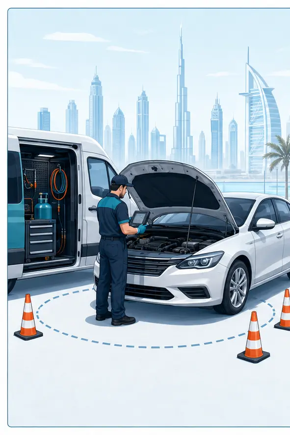 Illustration of mobile car AC initial checks beside a service vehicle in Dubai