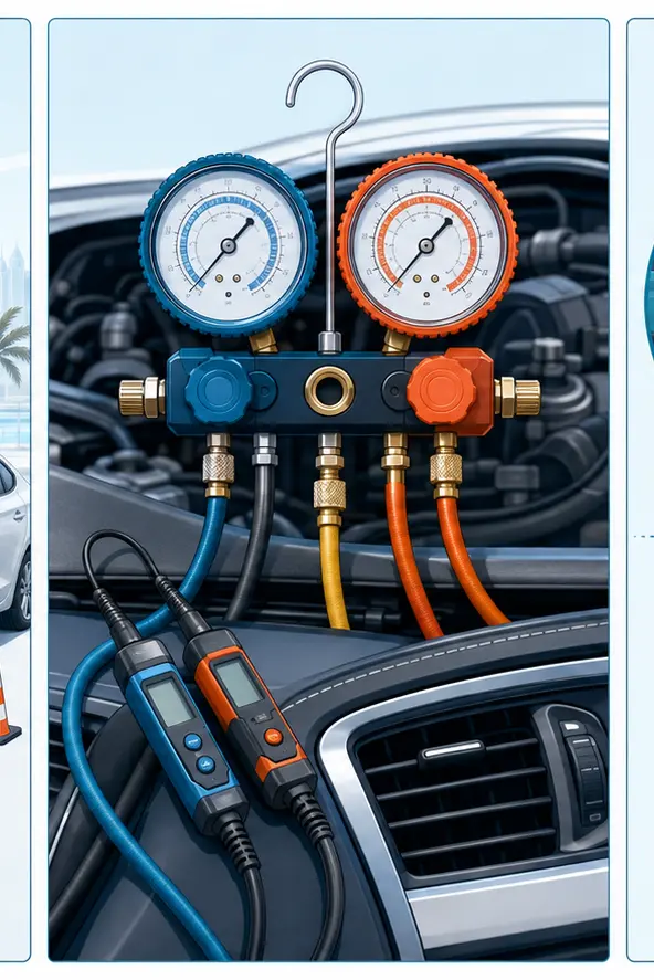 Illustration of car AC pressure gauges and temperature probes used for on-site assessment