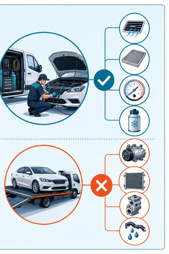 Illustration comparing mobile AC checks with repairs that require workshop equipment