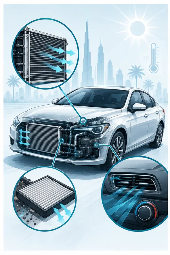 Illustration of condenser airflow, cabin filter and vent-temperature checks before summer