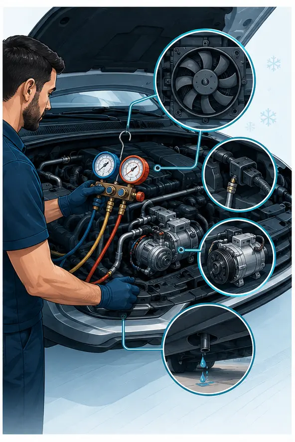 Illustration of measured compressor, fan, refrigerant and condensate-drain inspection