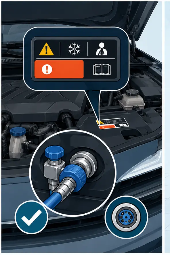 Illustration of vehicle refrigerant label and R1234yf service-port verification