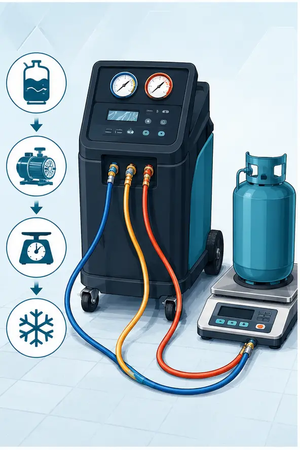 Illustration of dedicated recovery, vacuum, weighing and charging equipment for R1234yf