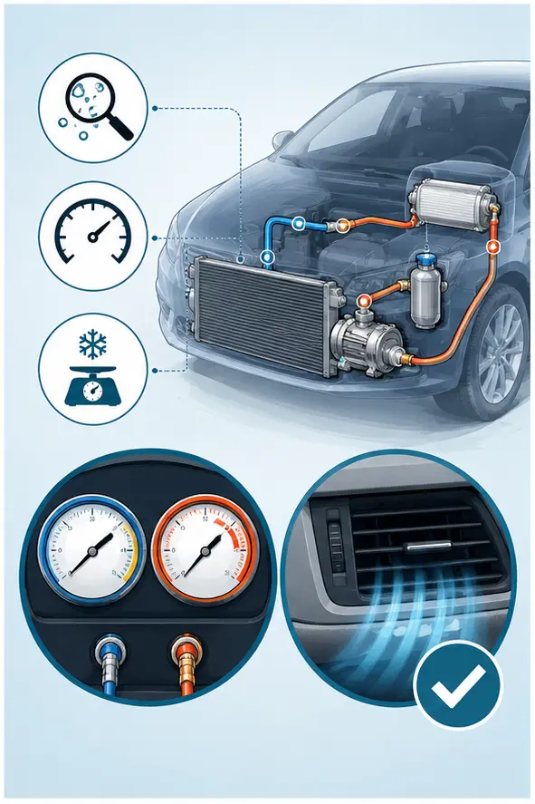 Illustration of leak-aware checks, measured refrigerant charge and cooling verification