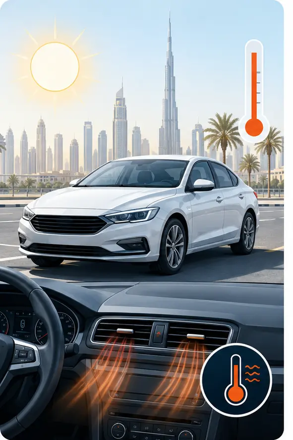 Illustration of a car with warm AC airflow during hot Dubai conditions