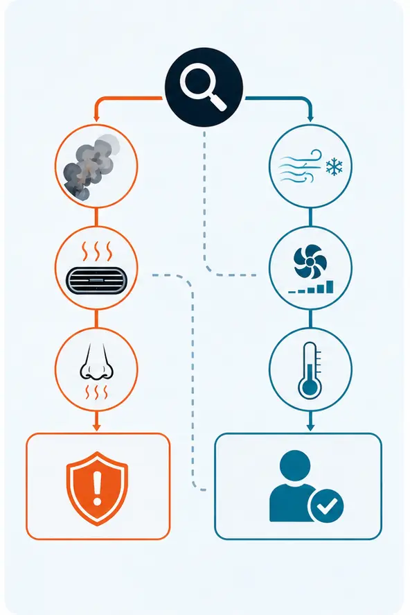 Illustration separating urgent safety symptoms from weak-cooling comfort faults