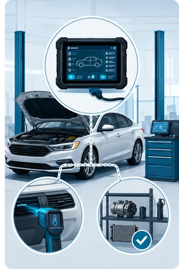 Illustration of priority workshop AC diagnosis and parts-availability checks