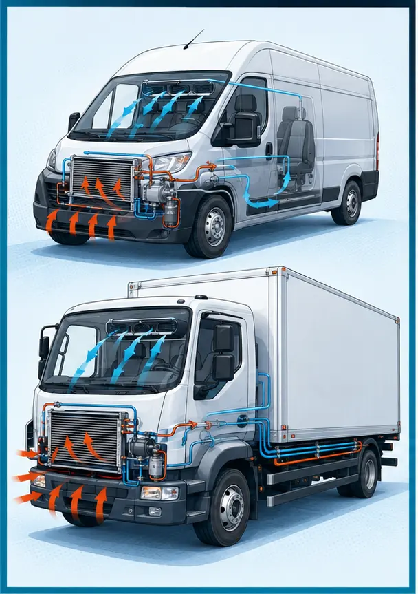 Illustration of van and light truck AC airflow and refrigerant-system layouts
