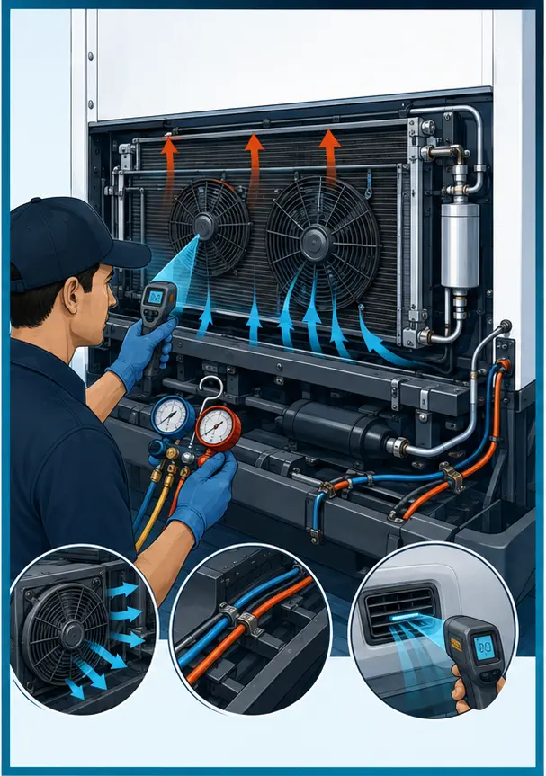 Illustration of condenser airflow and operating checks on a commercial vehicle AC system
