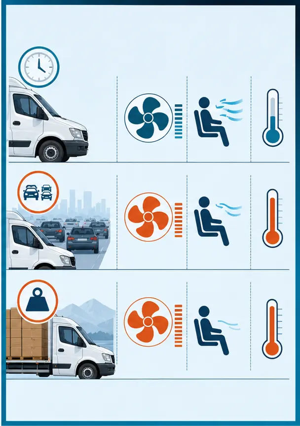 Illustration comparing van AC cooling demands at idle, in traffic and under load